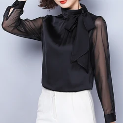 Blusa feminina chiffon com laço e gola, camisa sensual de tule com manga lanterna e transparente, camisa casual para mulheres 631j 2021