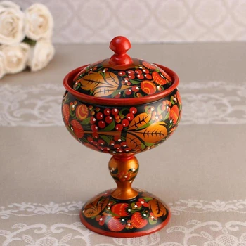 

Jam vase "Round" on a leg with a lid, khokhloma