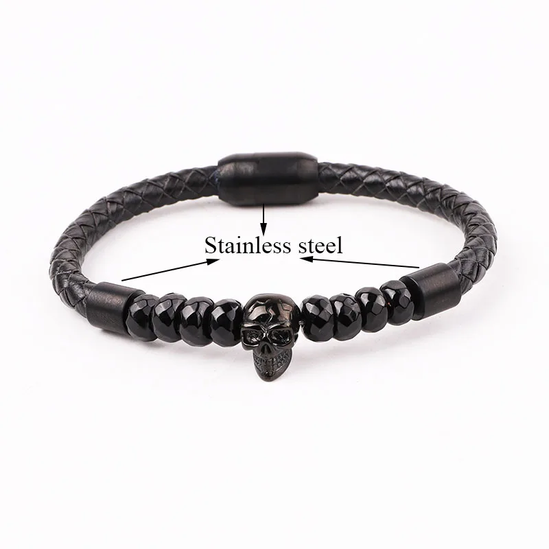 High Quality 316L Stainless Steel Clasp Helmet Skull Charm Genuine Leather Bracelet Men Jewelry Gift - Image 2
