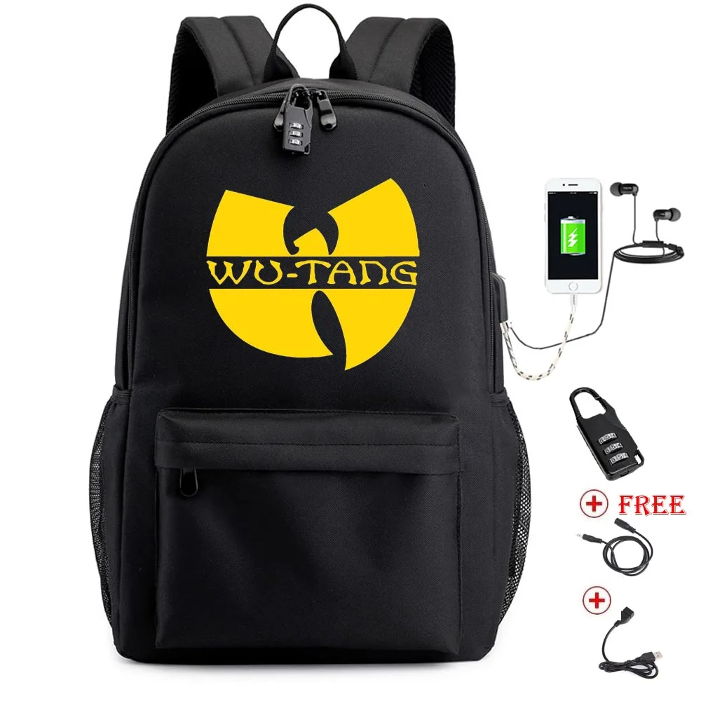

WU Tang Backpack school backpacks boys Girls Student Bags USB multifunction travel zipper lock Bag Laptop Pack
