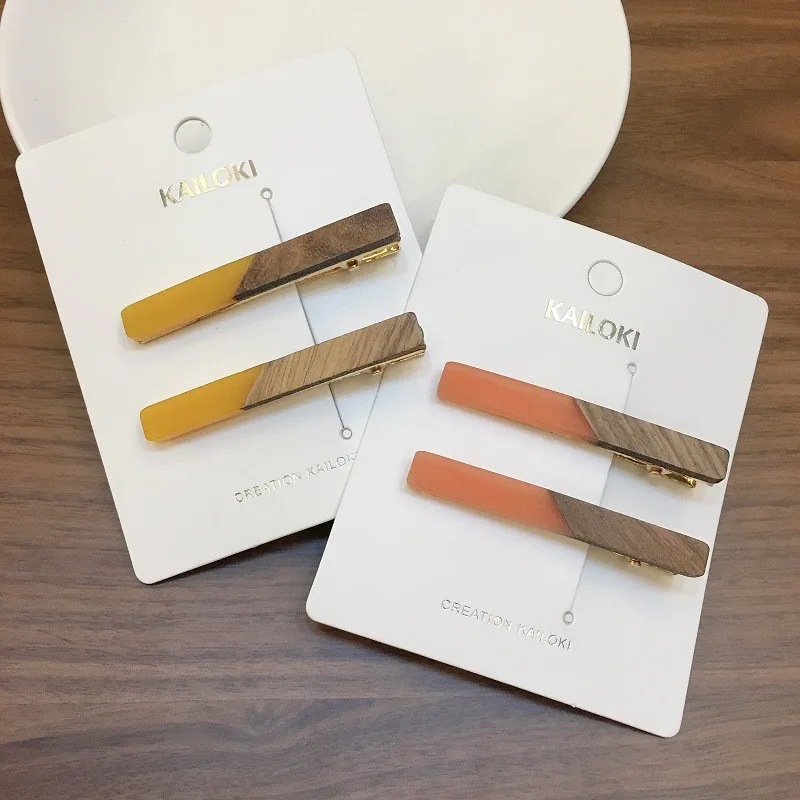 Candy Color Patchwork Geometric Wood Acrylic Hair Clips Women Girls Hollow Duckbill Clip Barrettes Hair Accessories