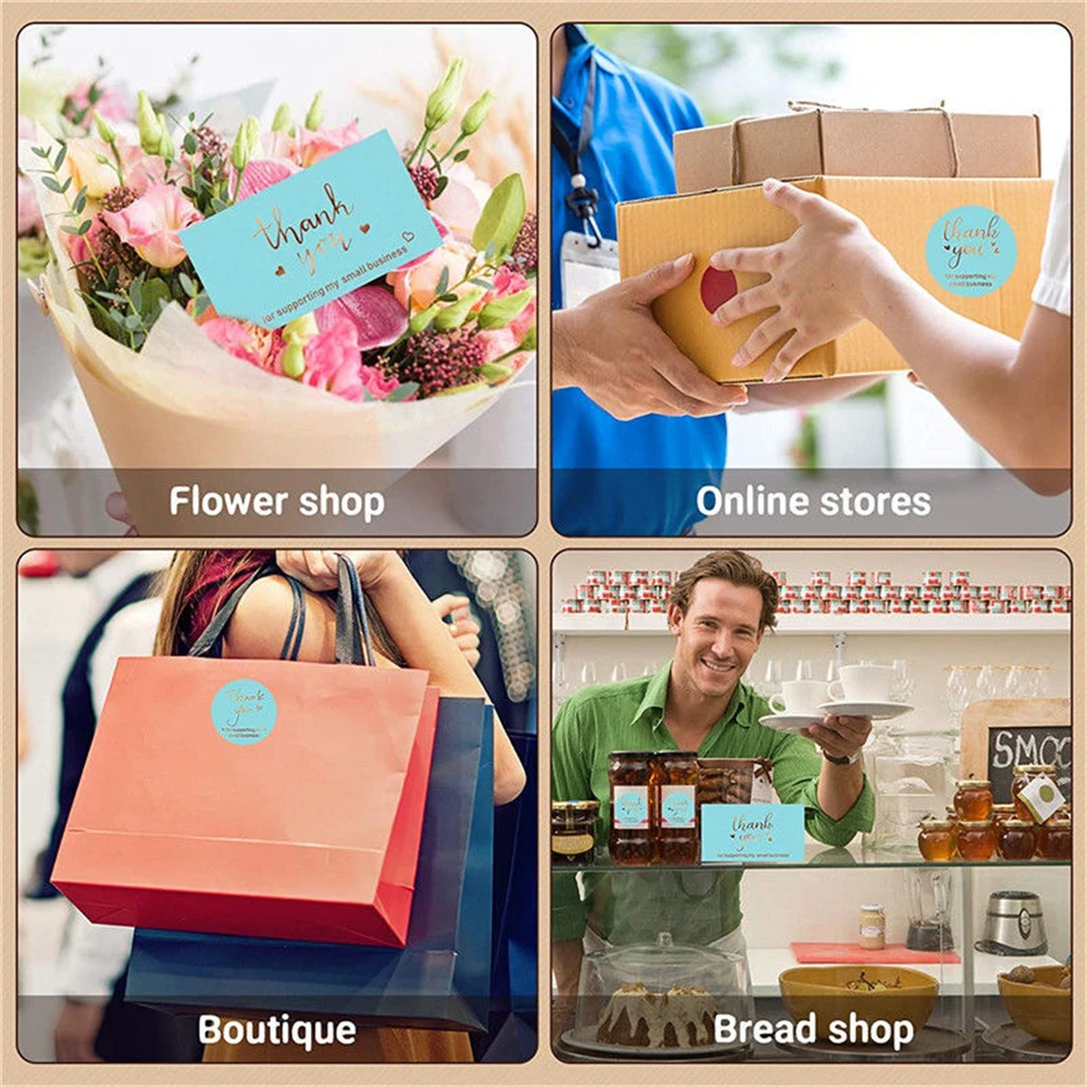 Blue Thanks Greeting Card Thank You for Supporting My Small Business Gold Leaf Card Packaging Decoration Sticker 10-500Pcs