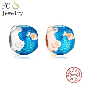 

FC Jewelry Fit Original Brand Charm Bracelet 100% 925 Silver Blue Enamel Sea Fish Shell Bead For Making Simmer Berloque 2020