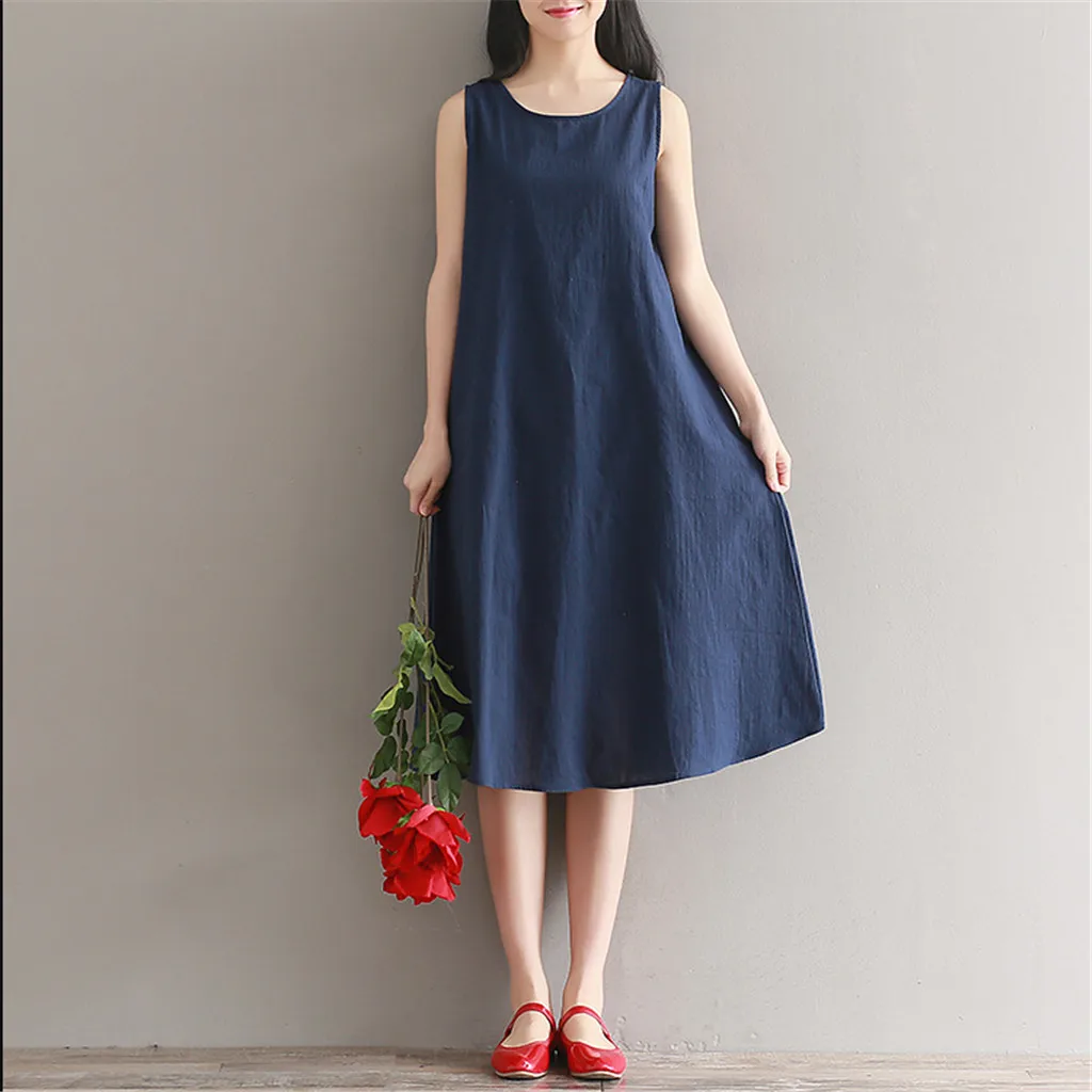 2019 женское Повседневное платье макси из хлопка и льна с круглым вырезом без