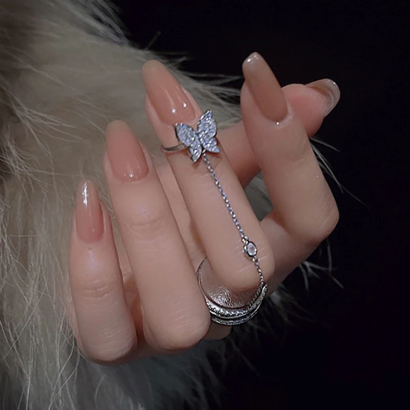 Women Double Finger Chain Rings Set Tassel Butterfly Cross Punk Jewelry Ring Set Chain Ring Finger Ring