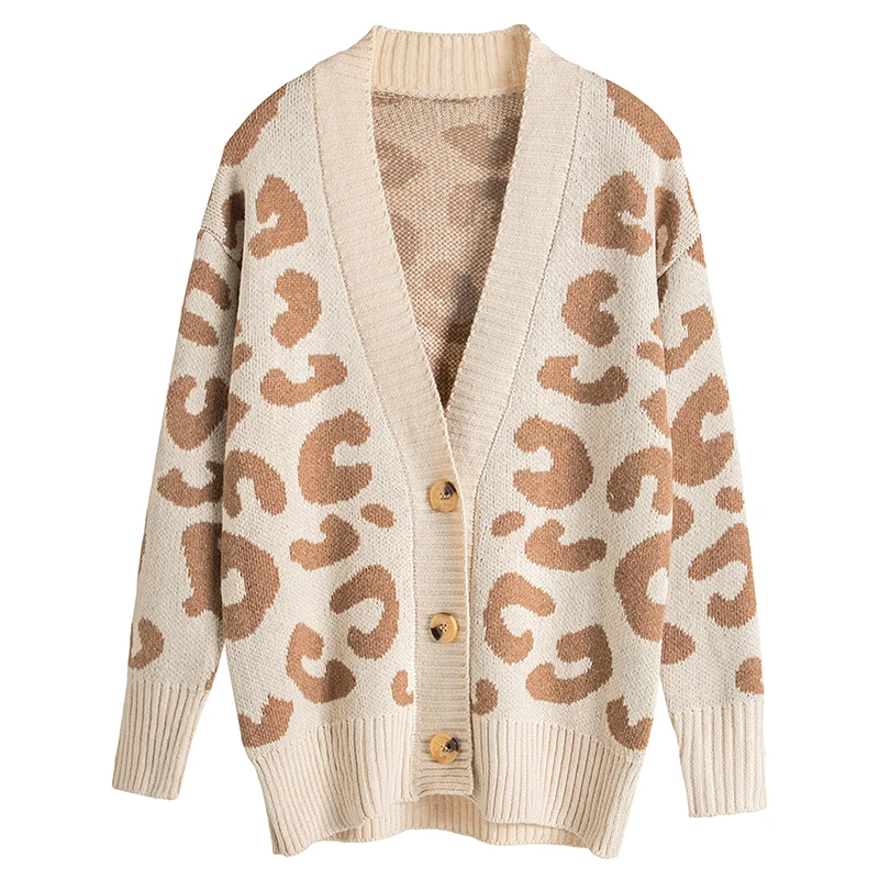 

Casual Leopard Print Women Knitted Coat Autumn Winter Cardigan Korean Style Thick Sweater Leisure Long Sleeve Ladies Jumper