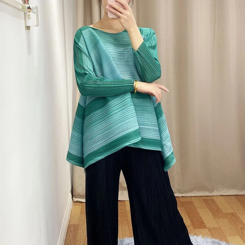 Весна Miyak Fold Женская футболка модная круглая шея градиент длинный рукав размера плюс тонкая футболка с длинным рукавом T657687