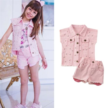 

1-5Y Fashion Toddler Baby Girl Summer Clothes Sleeveless Button Pearl decoration Jacket Tops Short Pants Tracksuit Outfit