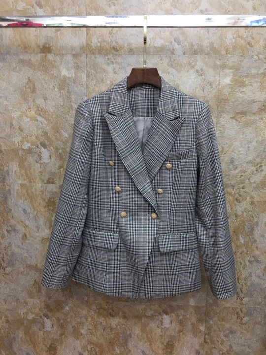 Early autumn new women's Lapel double-breasted button symmetrically buttoned Plaid suit jacket+ trousers suit 918