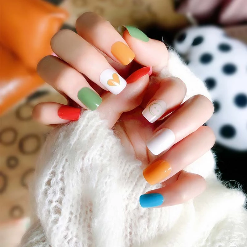 24pcs Set New Summer Sweet Colours Press On Nails Coffin Design Manicure Decorations Love Heart Artificial Nail Tips With Glue False Nails Aliexpress
