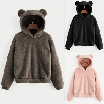 

Ladies Women Sweatshirt Women's Long Sleeve Fleece Sweatshirt Warm Bear Shape Fuzzy Hoodie Pullover Sweatshirt Plus Size S-5XL