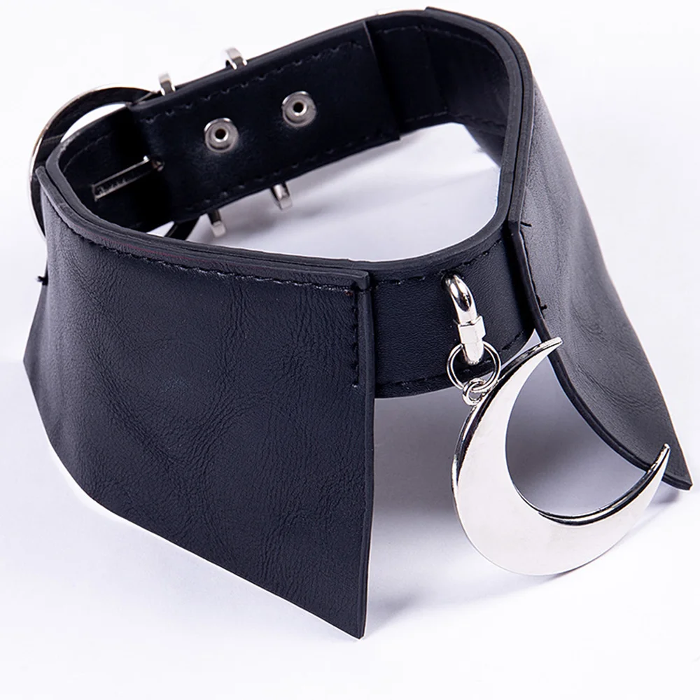 

Gothic Silver Moon Torques Necklace Punk Alloy PU Leather Collar Necklace Women Black Choker Necklace For Cool Girl