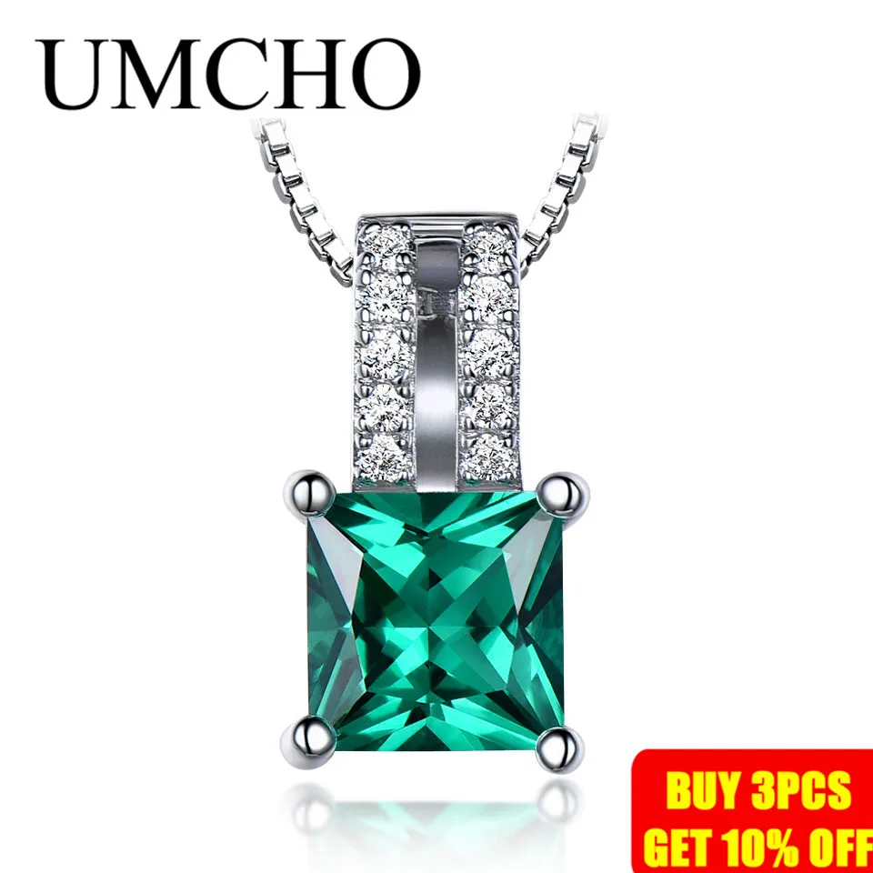 UMCHO Pure 925 Sterling Silver Pendants Women Green Princess-cut Emerald Charm Wedding Pendant Fine Jewelry Without Chain silver pendant