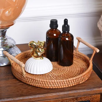 

Rattan Bread Basket Round Hand-Woven Tea Tray With Handles For Serving Dinner Parties Coffee Breakfast