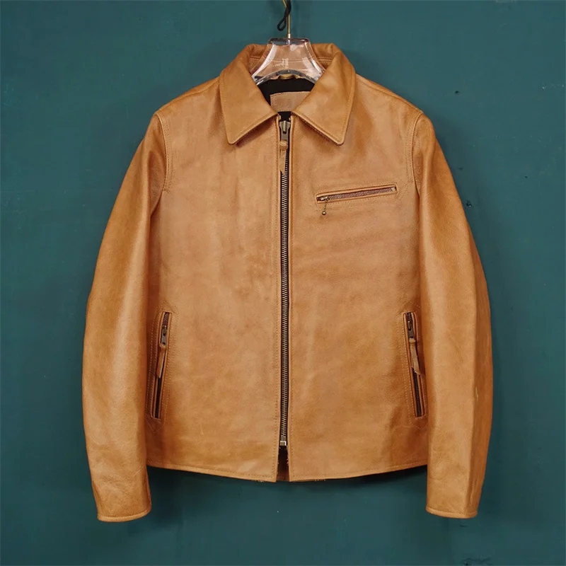 Free Shipping.classic Rider Brown Cowhide Jacket,men Genuine Leather
