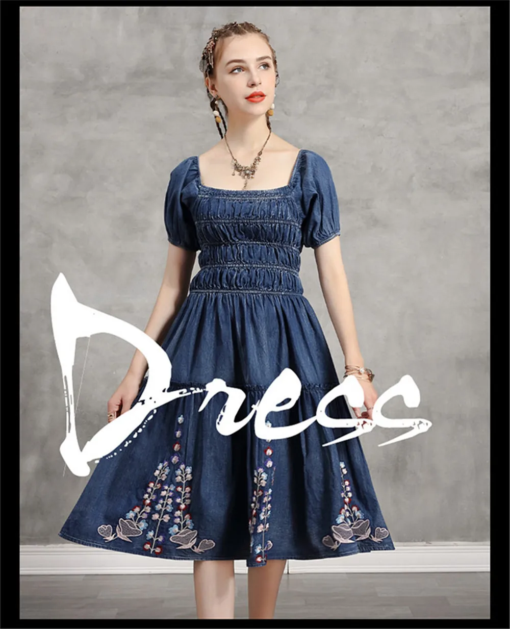 Summer Denim Dress 2020 Vintage Women Square Collar Dresses Short Sleeve Embroidery Elastic Waist Vestidos K82237 Girl's DRESS (1)
