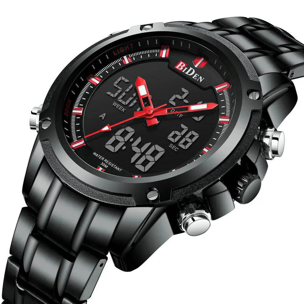 

BIDEN Sport Watches Luxury Brand Stainless Steel Quartz Watch Men LED Digital Clock Man Waterproof Dress Dual Display Wristwatch