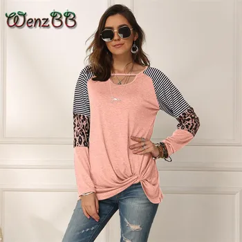 

Wenzbb Leopard Color Block Striped Long Sleeve T-Shirt Tees Crewneck Casual Loose 2020 Spring Summer Women Tops Drop Shipping