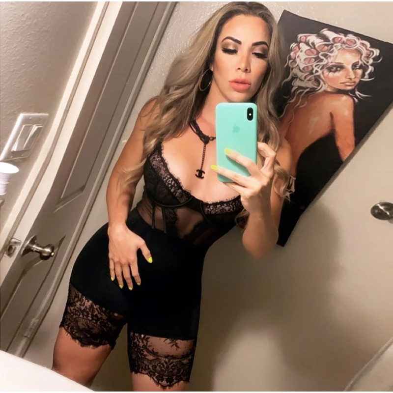 Hollow Out Backless Sexy Jumpsuit Women Spaghetti Straps See Through Mesh Splice Lace Playsuit Party Club Wear Rompers