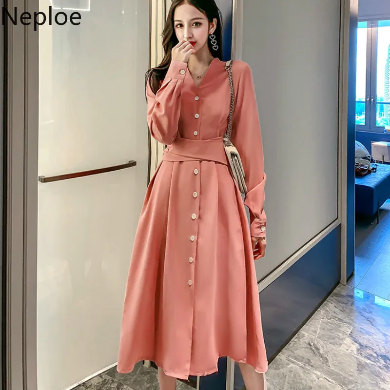 

Neploe French Slim Waist Elegant A Line Maxi Dress V Neck High Waist Long Sleeve Single-breasted Vestido Autumn Pink Ropa 46770