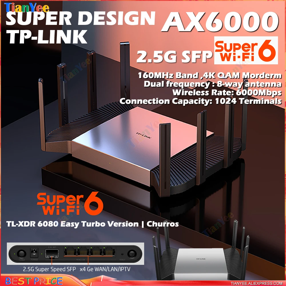 Porta Di Sfp + X4 * Porta Di Ethernet Di Gbps Tl-Xdr6080 Turbo Della Banda Doppia Della Maglia 2.4 + 5G Del Router Di Wi-Fi6 Ax6000 Di Tp-Link + 2.5 M