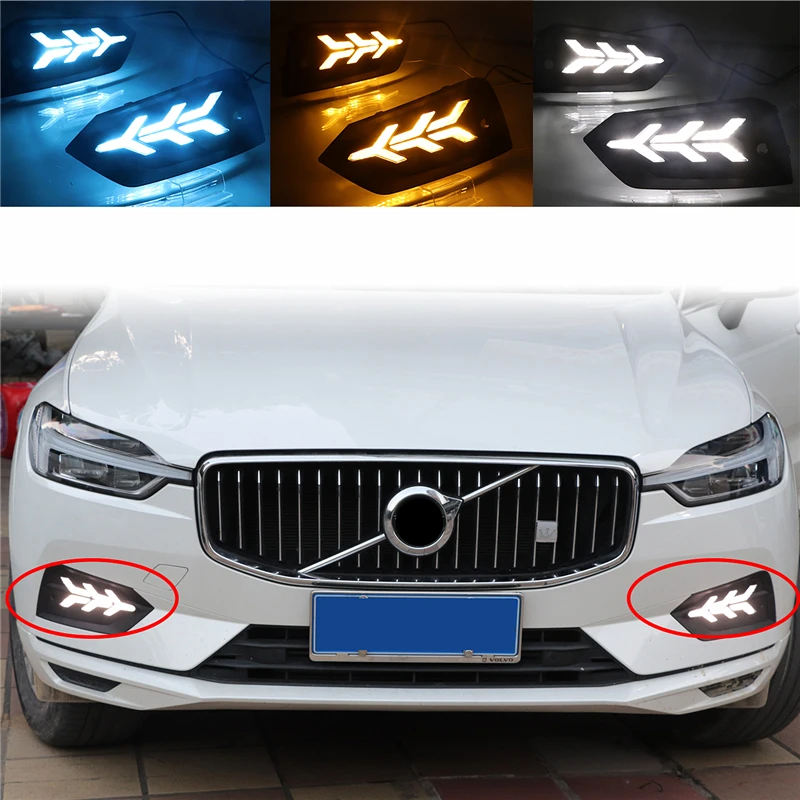 

1 Pair Dynamic Daytime Running Light Warning Turn Signal Fog Lamp Blue Yellow White LED Switchback For Volvo XC60 2018 2019