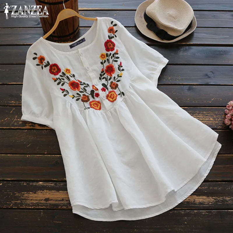 Ceny Damskie haft bluzka 2019 ZANZEA Kaftan lniane bluzki przycisk kwiatowy Blusas kobiet koszula z krótkim rękawem plisowana tunika ponadgabarytowych