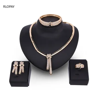 

New African Dubai Gold Jewelry Nigerian Crystal Necklace Hoop Earrings Women Italian Bridal Jewelry Sets Wedding Accessories
