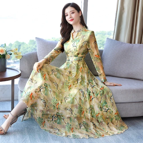 

Summer Dress 2019 Sunscreen Chiffon Maxi Dresses Slim Print Office Lady V-neck Autumn New Style Fashion Office Lady Dresses