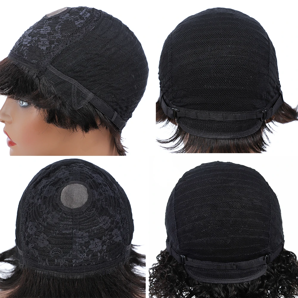 perruque carr&eacute; court perruque cheveux humain Short Wig For Black Women Pixie Wig Machine Made Side Part Remy silk base mono top