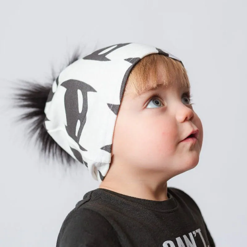 

Kids Toddler Baby Hats Caps Ball Patchwork Bat Print Winter Warm Soft Beanie Hat Animals Hot Boys Girls Fur Pom Pom Caps Beanie