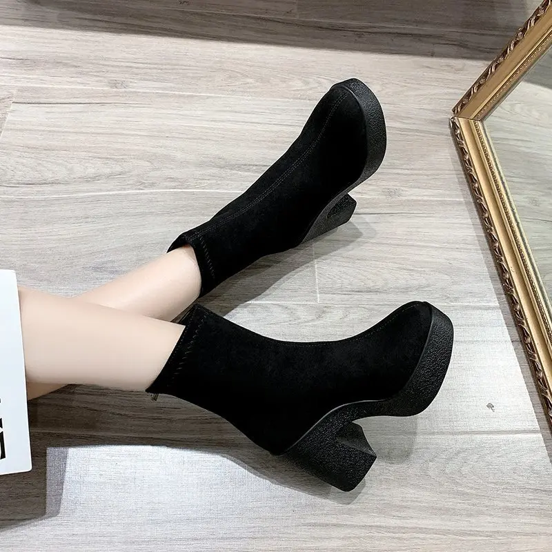 

Nice Women's Shoes Winter Pop Sexy Short Boot Elegant Round Toe Suede Platform Boots Concise Mature Chunky Heels Boots 34-40