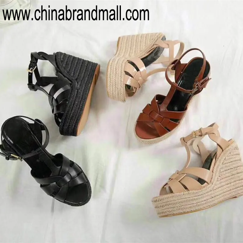 

Hot Summer Shoes Genuine Leather Embellished Women Brown /black T Strap Wedge Sandals 10.5cm High Heels