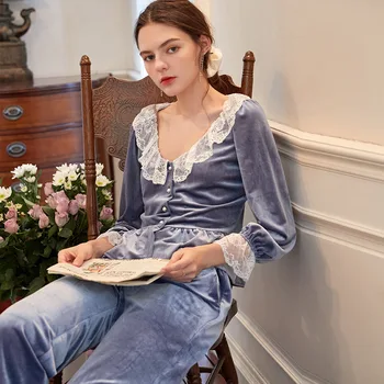 

New Style Pajamas Women Autumn Winter Sifang Velvet Long Sleeve Long Suit Sweet Princess Home Wear Autumn and Winter Wear