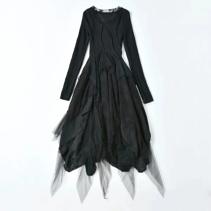 

Ball Gown Dress 2022 Spring Fashion Clothing Women Sexy Tulle Mesh Patchwork Long Sleeve Casual Party Black Sexy Dresses Lady