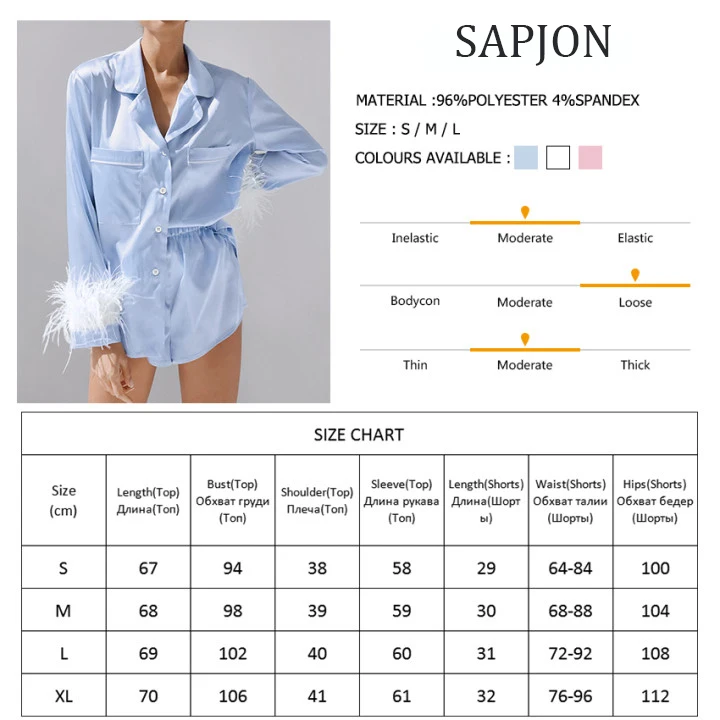 Sapjon Women Satin Pajamas Set with Feather 2 Piece Pijama Long Sleeve Pyjamas Top with Pockets Spring Casual Silk Nightsuits cute pj sets