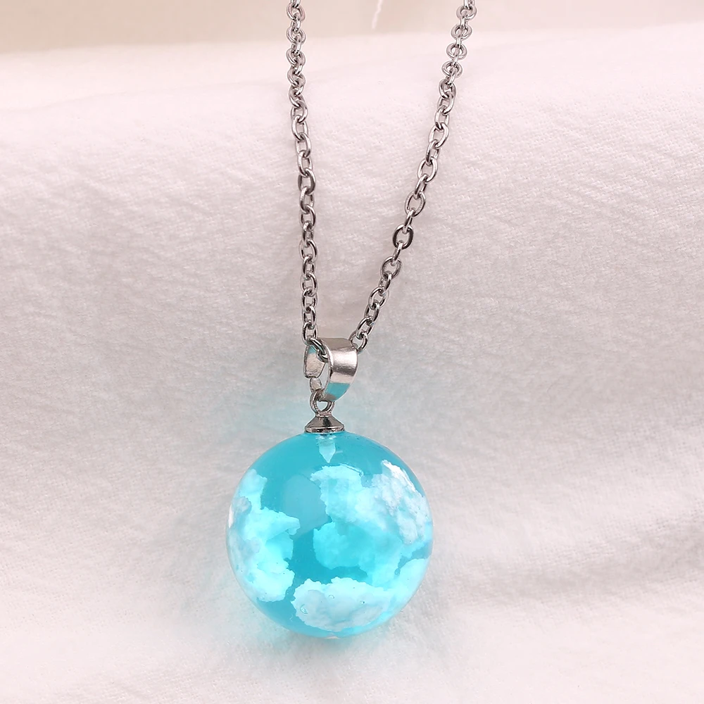 Ожерелье с подвеской в виде голубого неба и белого облака, прозрачное ожерелье с подвеской диаметром 18 мм для женщин, круглый шар, подарок для девочек и детей