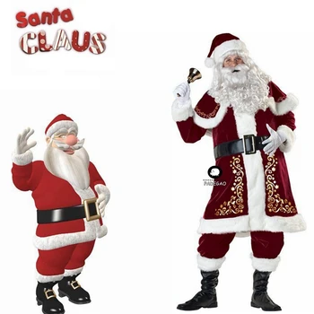 

Christmas Costumes Santa Claus For Adults Red Christmas Clothes Santa Claus Costume Luxury Suit with White Beard Wig