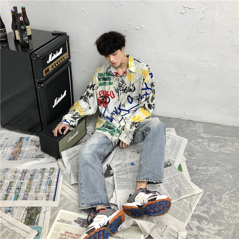 Мужская футболка с граффити, уличная Мужская Футболка Harajuku в стиле хип-хоп, осенняя Повседневная Уличная одежда с длинным рукавом, рубашка большого размера