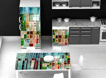 

3D Waterproof Table Sticker Colorful Square Refrigerator Stickers Kid's Art Fridge Door Cover Wallpaper Table Cover Kitchen Deco