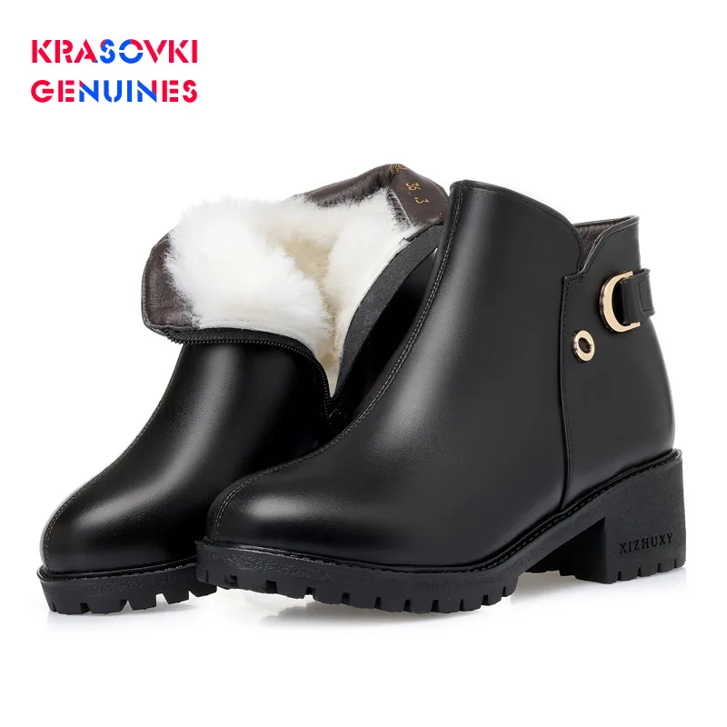 

Krasovki Genuines Wool Women Snow Boots Warm Warm Shoes Plush Ankle Genuine Leather Fur Boots Platform for Women Winter Boots