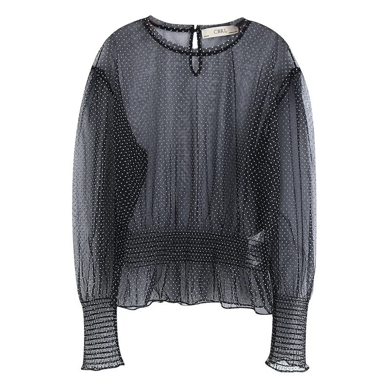 

AGong Loose Dot Printed Tshirts Women Fashion O Neck Perspective Tops Women Elegant Long Sleeve Tees Female Ladies KW
