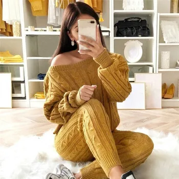 

2019 Winter Women Set Sweater Sets Long Sleeve Tops Pants Knitted Set Plus Size 2 Piece Womens Outfits Warm Outwear Ladies Suit