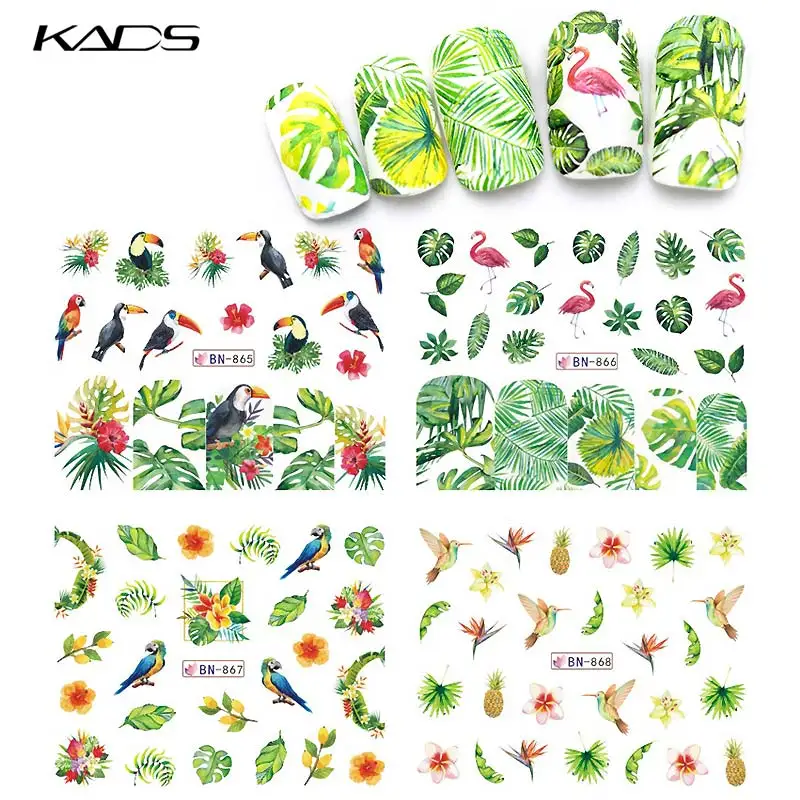 KADS Nail Sticker Decals Flower Leaves Flamingo Design Water Transfer Sticker Manicure Sliders Summer Nails Art Decoration Wraps