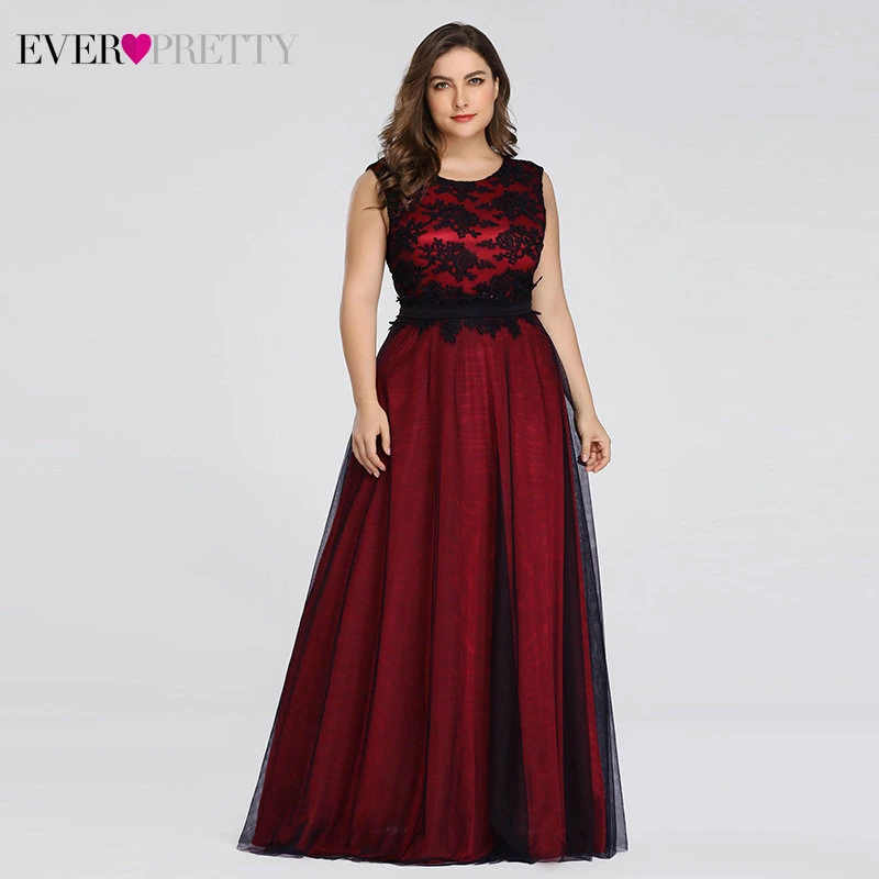 Plus Size Burgundy Prom Dresses Long Ever Pretty A-Line Lace Sleeveless Sashes Prom Dresses for Women Elegant Party Gowns 2020