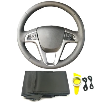 

DIY hand sewing black genuine leather braid car steering wheel cover accessories for Hyundai Solaris Verna I20 Accent