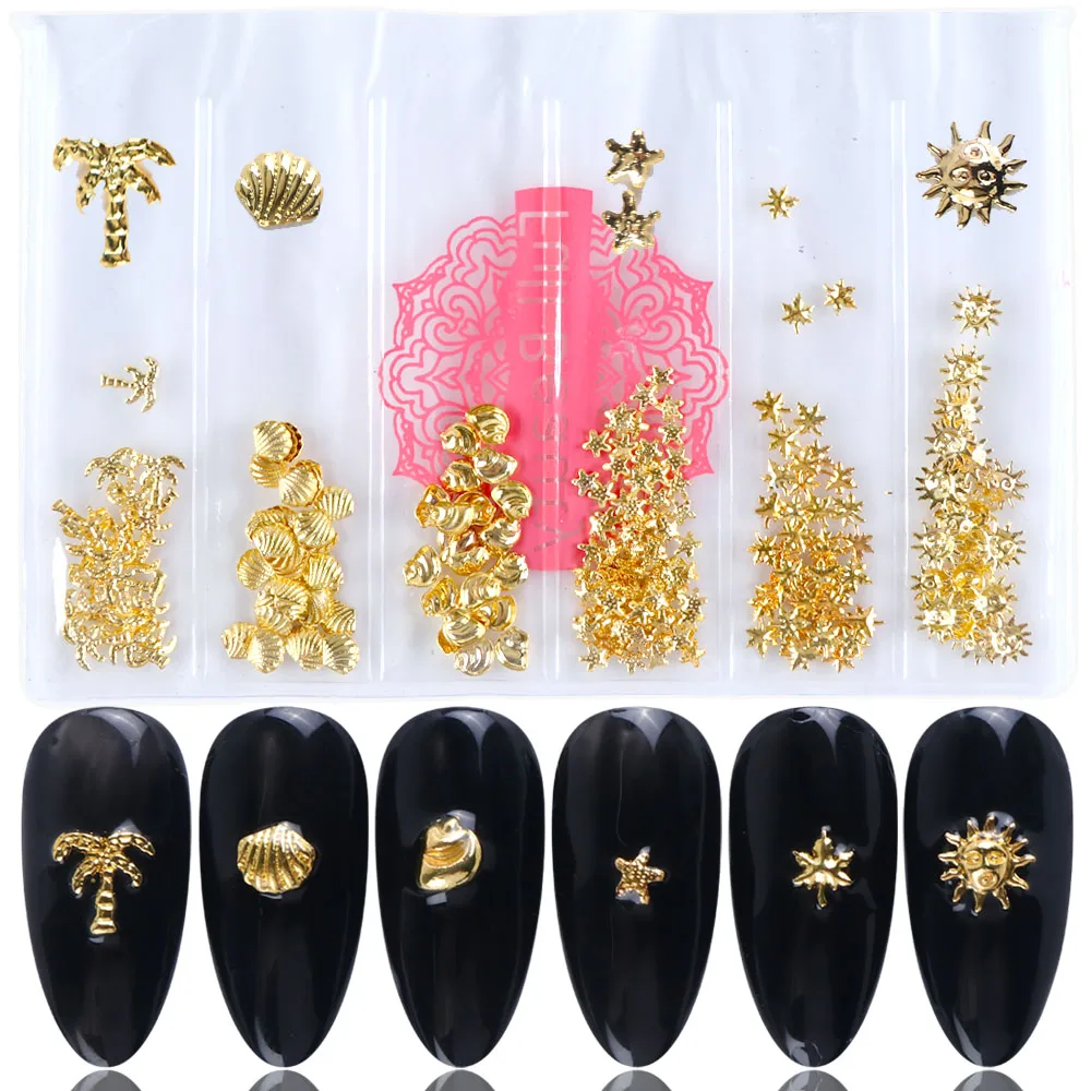

6 Designs Gold Nail Art Decorations Set Metal Slices 3D Sequins Glitter Leaf Star Tree Flakes For Nails Charms Manicure Tip TR25