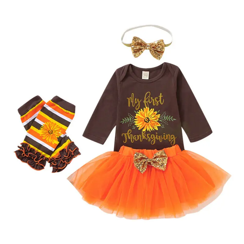 

0-12M Newborn Infant Baby Girl Clothes My First Thanksgiving Costumes Flower Letter Rompers + Tutu Skirts + Leggings + Headband