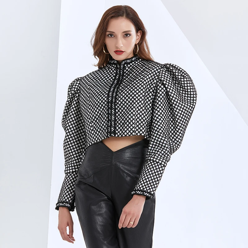 TWOTWINSTYLE Ruched Plaid Jackets For Women O Neck Puff Long Sleeve Ruched Short Female Coats Autumn Fashion Clothing 2020 Tide