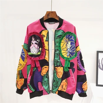 

Spring Autumn Women Fashion Zip Print Bat sleeves Bomber coat Loose Female Students Baseball Jacket Casual Outerwear Streetwear